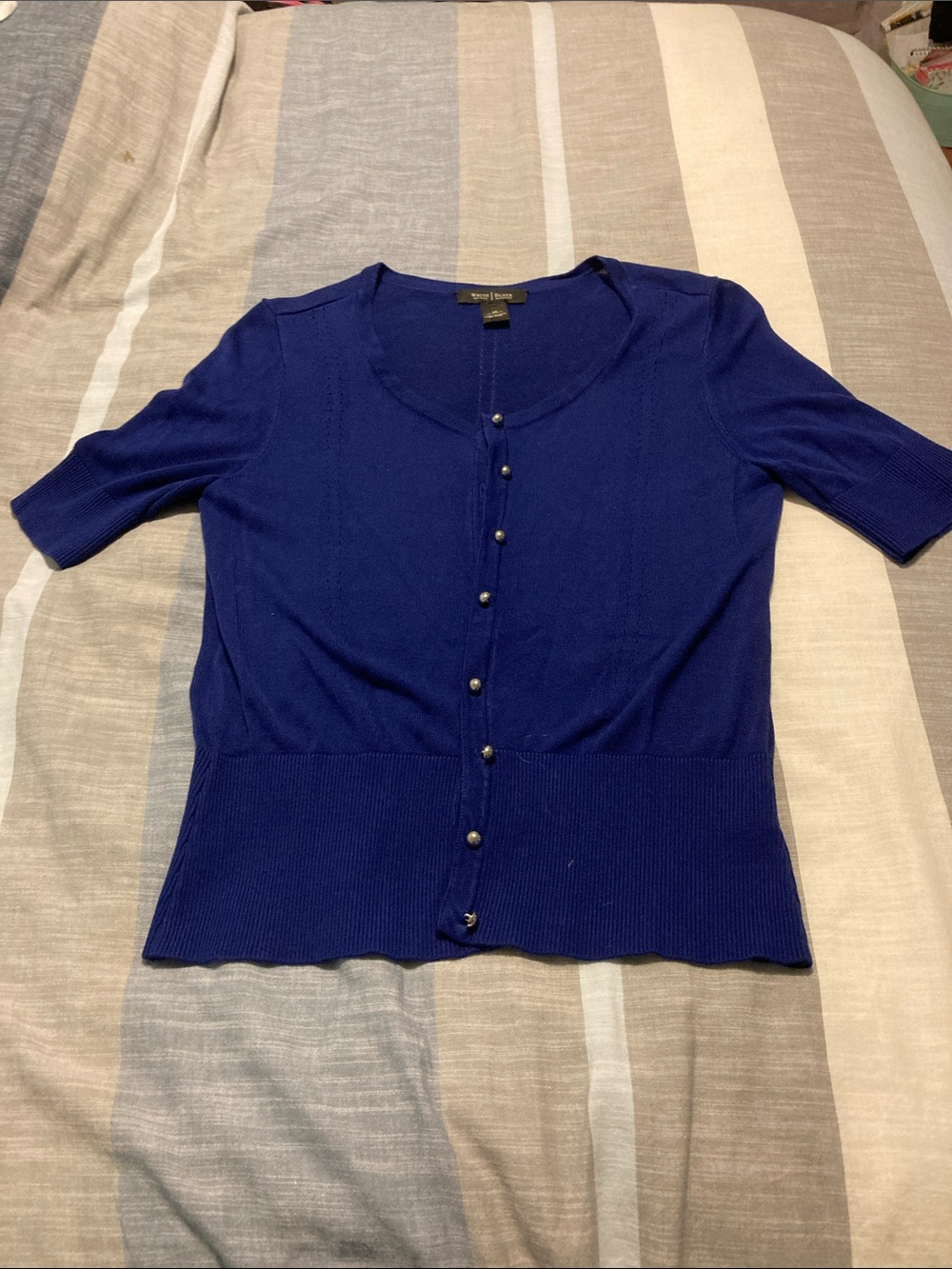 White House Black Market Short-Sleeve Button Cardigan in Royal Blue